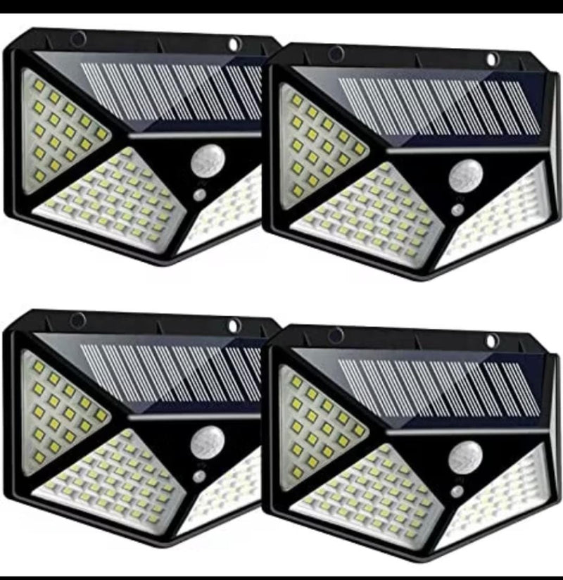 KIT 4 PEÇAS LUMINÁRIA SOLAR DE PAREDE REFLETOR 100 LED SENSOR PRESENÇA MOVIMENTO PROVA D' ÁGUA COM 3 FUNÇÕES SOLAR LIGHT
