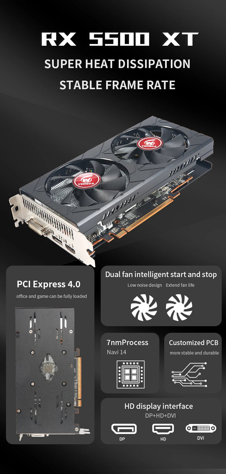 Veineda Graphics Card RX 5500XT 8GB  GPU GDDR6 128Bit 8pin7nm DP*2  Video Card Support Desktop CPU placa de video