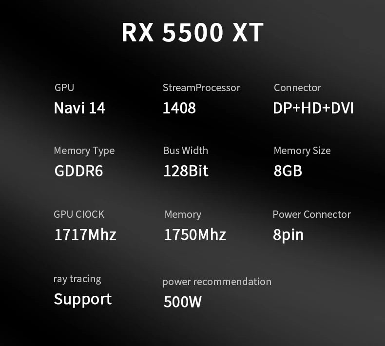 Veineda Graphics Card RX 5500XT 8GB  GPU GDDR6 128Bit 8pin7nm DP*2  Video Card Support Desktop CPU placa de video