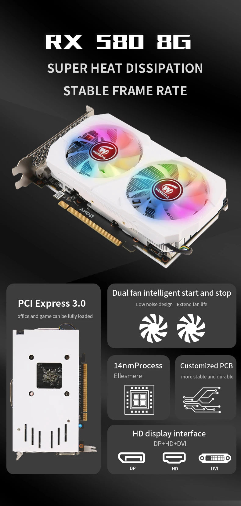 VEINEDA RX 580 8GB 2048SP PLACA GRÁFICA PARA JOGOS GDDR5 256BIT PCI EXPRESS 3.0 × 16 8PIN RADEON GPU RX580SERIES PLACA DE PLACA DE VÍDEO