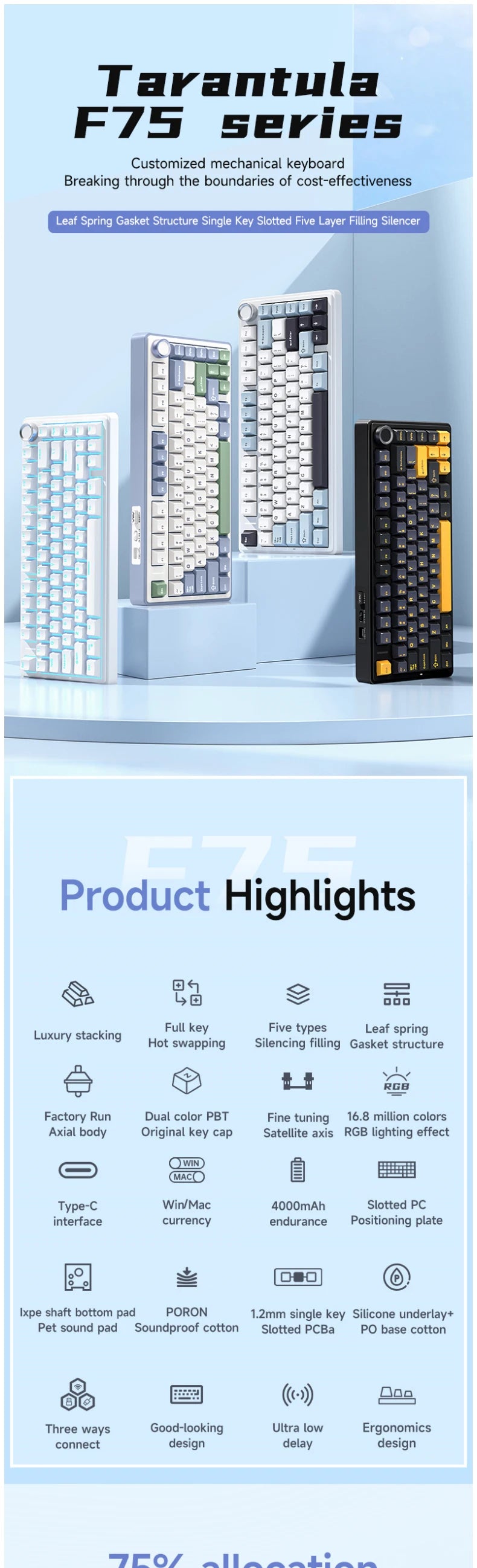 TECLADO MECÂNICO SEM FIO /BLUETOOTH/COM FIO RGB PERSONALIZADO 75% LAYOUT