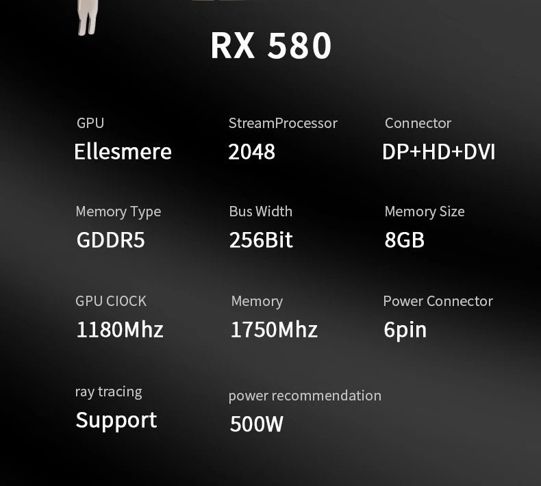 VEINEDA RX 580 8GB 2048SP PLACA GRÁFICA PARA JOGOS GDDR5 256BIT PCI EXPRESS 3.0 × 16 8PIN RADEON GPU RX580SERIES PLACA DE PLACA DE VÍDEO